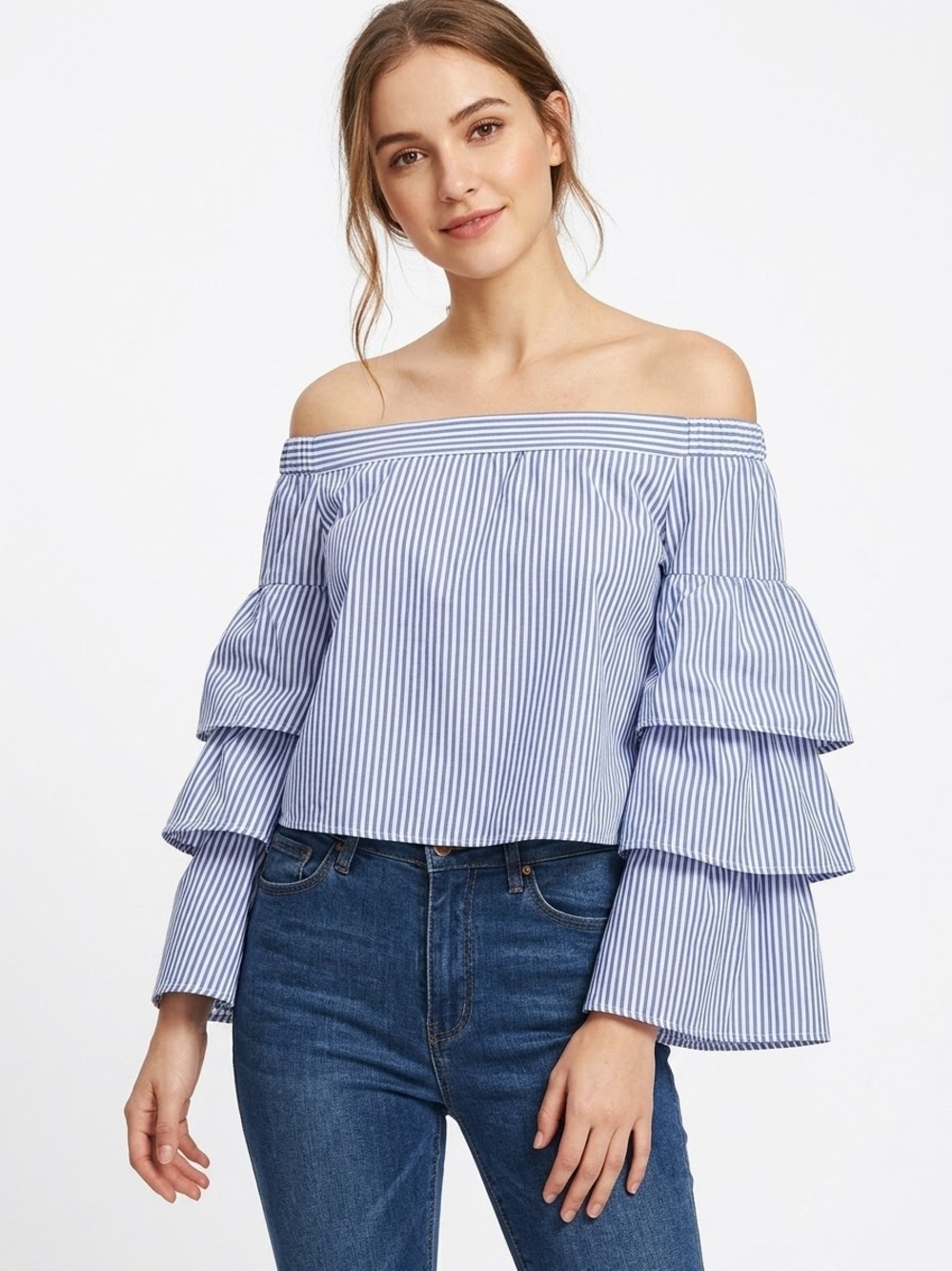 BCBGMaxAzria Blue and White Striped Off-Shoulder Tiered-Sleeve Top